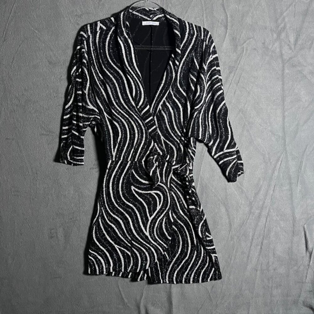 Zara Shiny Shimmery Wrap Dress M Black Silver White - Picture 2 of 6